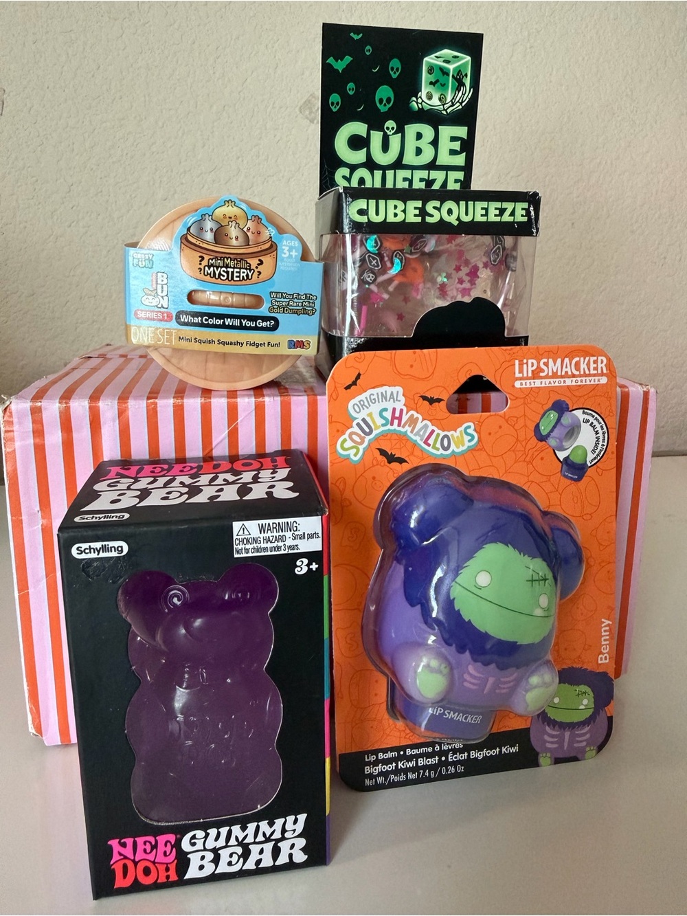 Needoh “GUMMY BEAR”, Lip Smackers Benny Plush,RMS Mini Dump, Cube with Confetti!